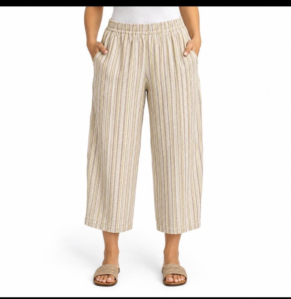 Lisa Bayne 100% Linen Striped Cropped Wide Leg Pants Large Lagenlook vacation